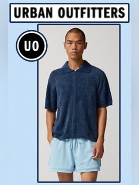 🆕 Urban Outfitters Standard Cloth fuzzy Polo Sweater Cardigan Shirt Navy Small